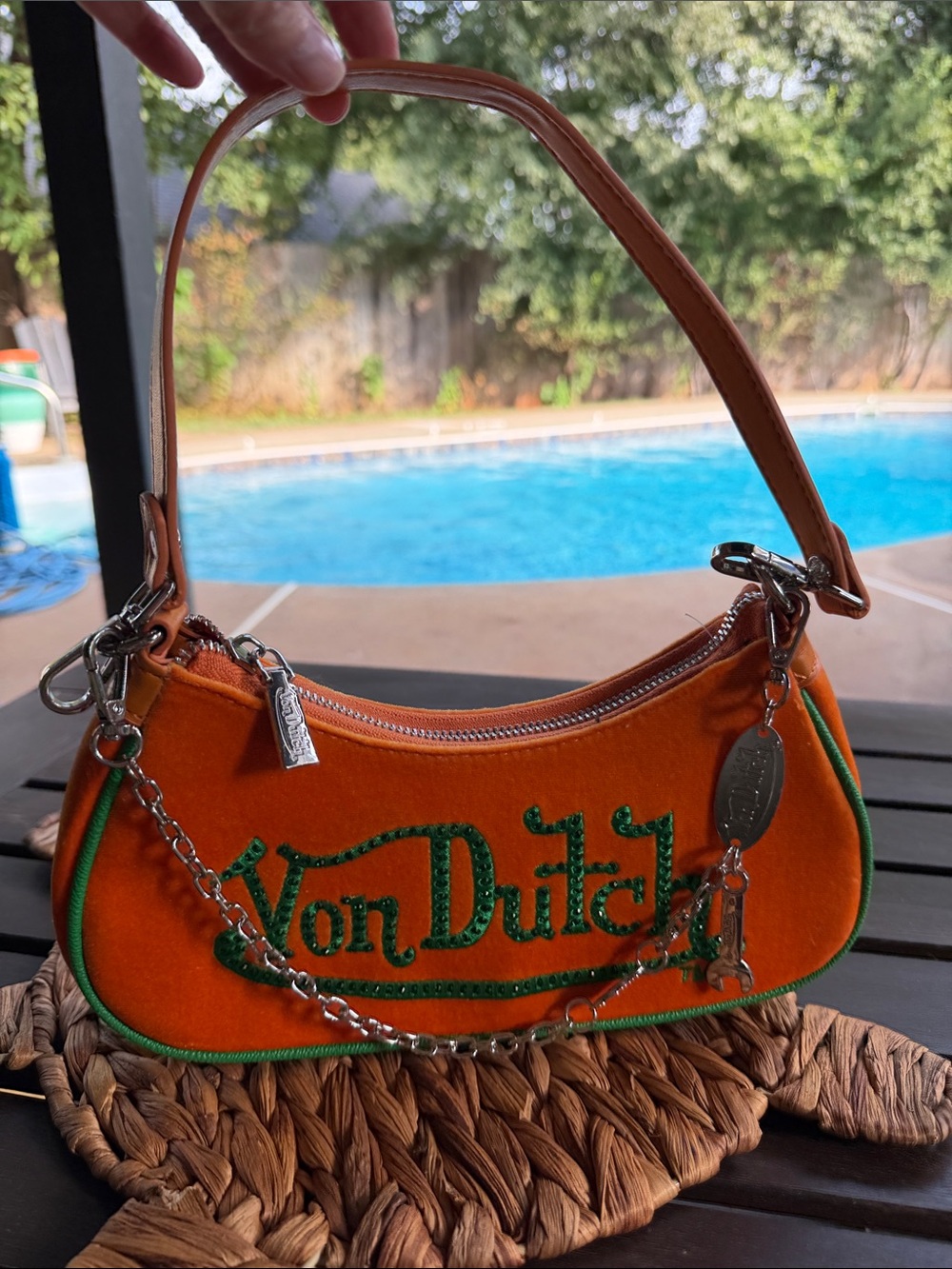 Von Dutch Orange & Green Rhinestone Velvet Shoulder Bag NWOT